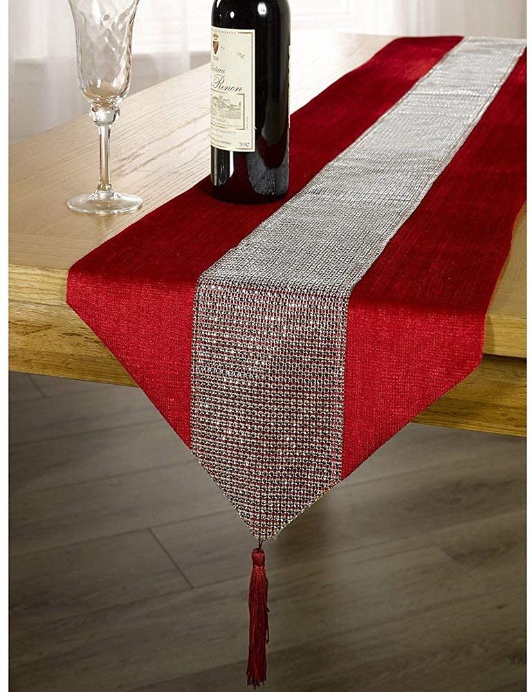 OZXCHIXU 13inch x 72inch Table Runner with Diamante Strip and Tassels (red) - Image 1